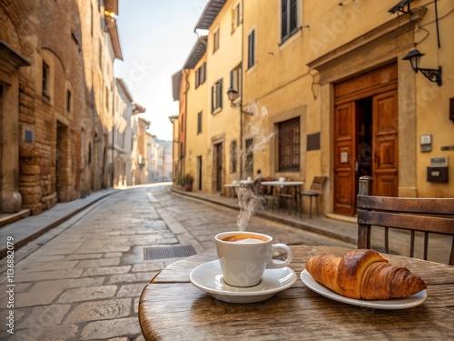 Street cafe table, old town, warm colors, cup of coffee and croissant on the table