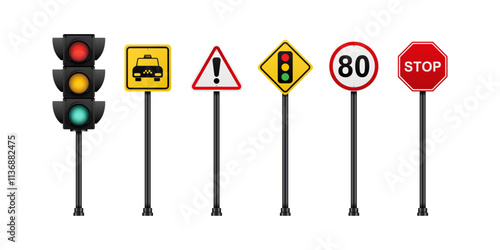 Set of road signs and traffic light isolated on white background. vector illustration