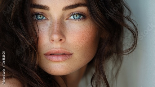 Wallpaper Mural Beautiful freckled model posing with long brown hair Torontodigital.ca