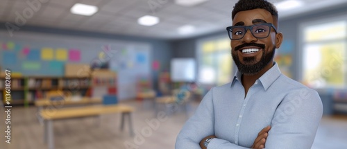 A man in glasses is smiling and standing in front of a classroom