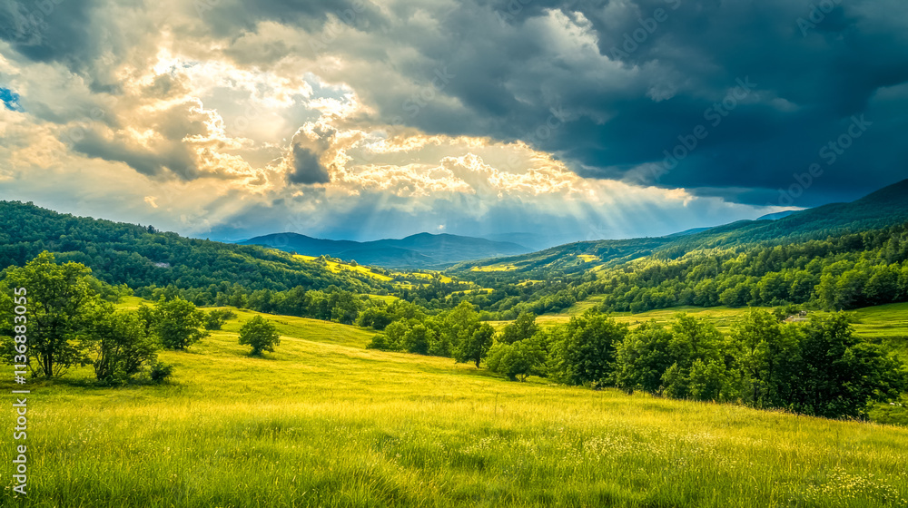 Fototapeta premium Sunbeams illuminating green hills and valley under dramatic sky