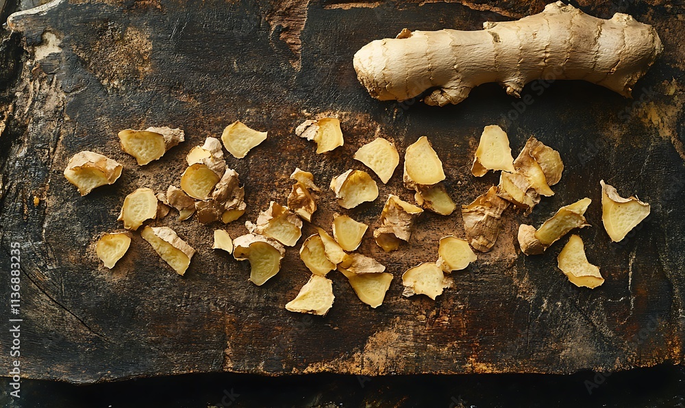 Sliced ginger root and pieces on dark wood board Sliced ginger root and pieces on dark wood board