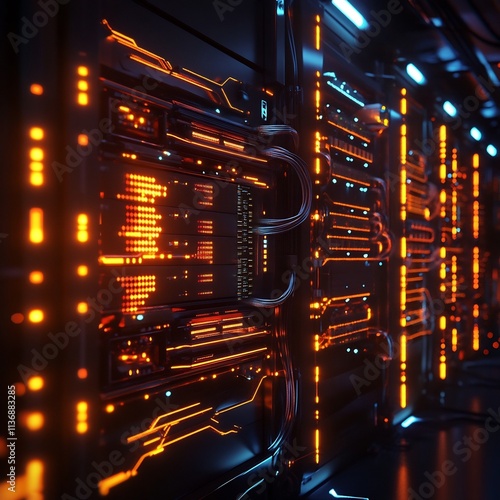 Glowing Quantum Computer Server with Futuristic Cyberpunk Inspired Aesthetic photo