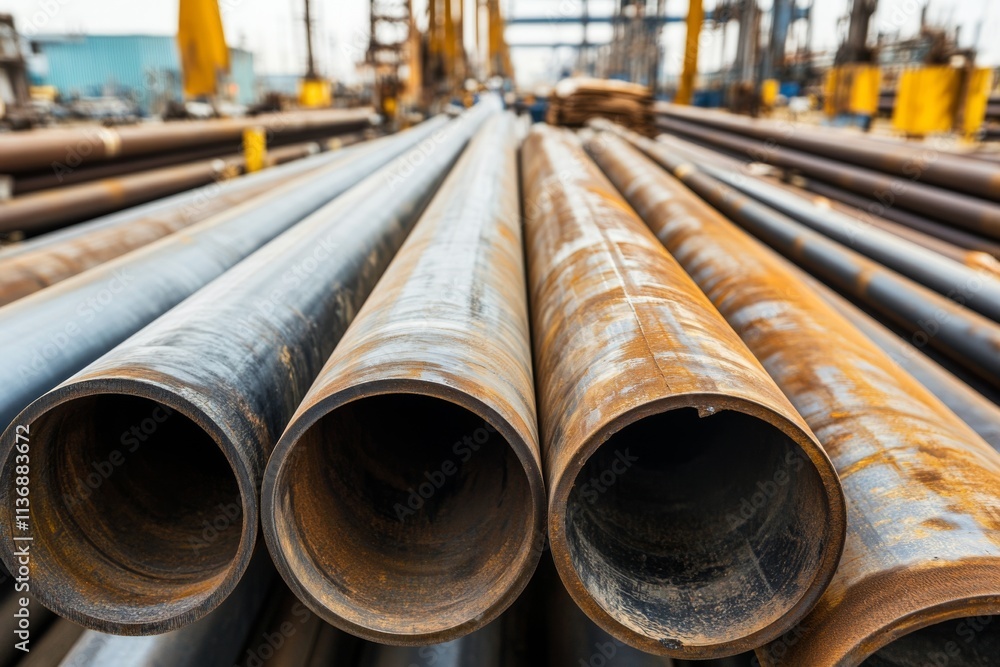 Stacked Steel Pipes in a Warehouse. Construction work. Stack of black iron pipes installing an underground pipe. Repair, laying or replacing sewer, water pipes. Installation of plumbing, sanitation Stacked Steel Pipes in a Warehouse. Construction work. Stack of black iron pipes installing an underground pipe. Repair, laying or replacing sewer, water pipes. Installation of plumbing, sanitation