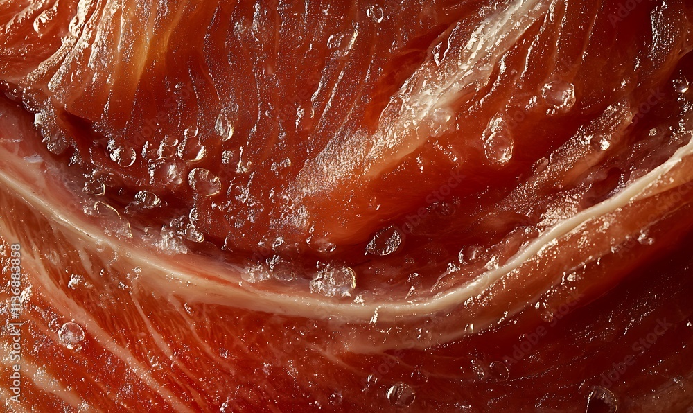 Closeup view of cured ham showing texture and moisture Closeup view of cured ham showing texture and moisture