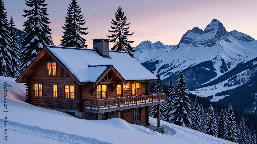 Cabaña Acogedora en un Paisaje Nevado al Atardecer