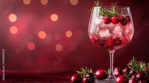 A photograph of a Christmas-colored wine with ice and rosemary, garnished with cranberries, in an elegant glass against a deep red background. The drink's light pink color is accentuated by the contra