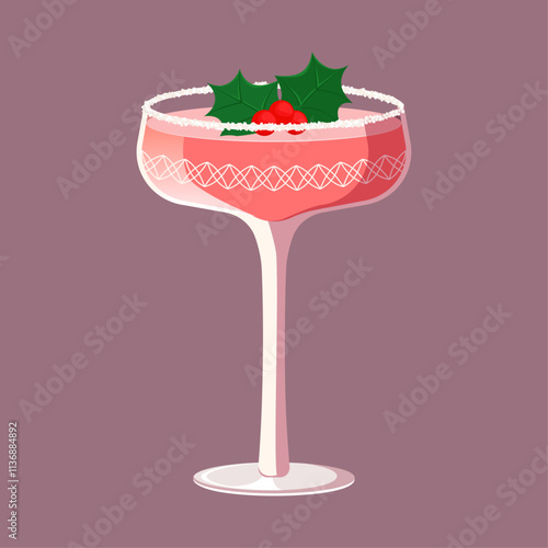 Vector illustration of Christmas cocktail in crystal glass garnished with mistletoe. Festive pink drink in coupe glass