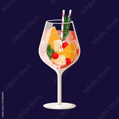 Christmas drink decorated with oranges and cranberry. Winter Spritz cocktail isolated on blue background. Vector illustration of trendy seasonal cocktail.