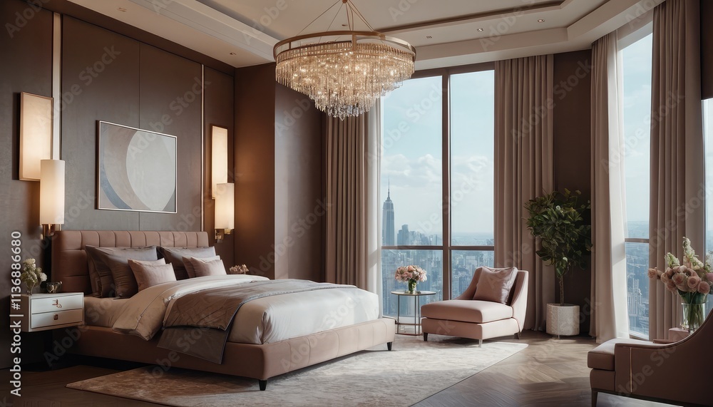 Fototapeta premium A spacious, upscale bedroom featuring a grand chandelier, sleek furnishings, and panoramic windows showcasing a stunning cityscape under soft natural light. Mocha Mousse colored walls.