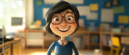 A cartoon woman with glasses and a blue shirt is smiling