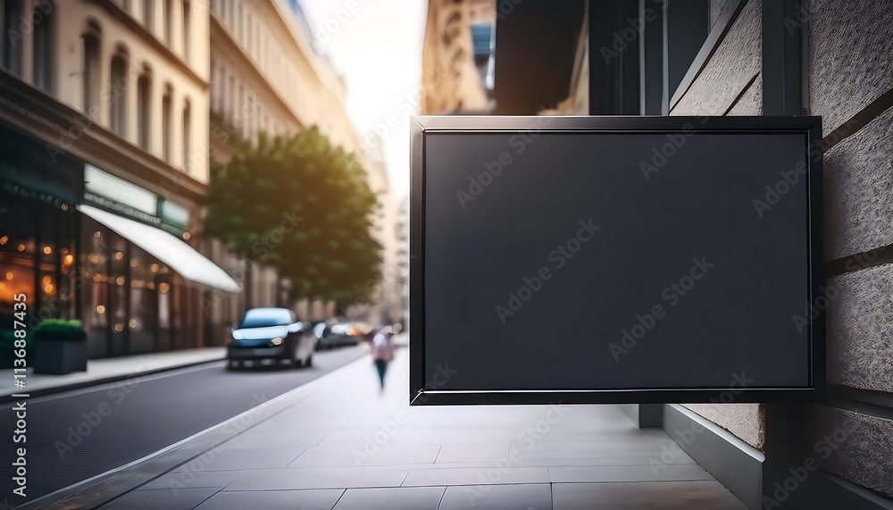 Empty signboard on modern shop exterior in bustling city street during sunny afternoon. Generative AI Empty signboard on modern shop exterior in bustling city street during sunny afternoon. Generative AI