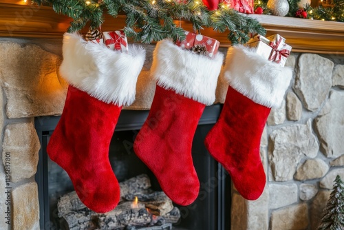 Colorful Christmas Stockings hanging by the warm glow of the Fire. Holiday stocks with gifts and decoration over cozy fireplace, for spreading Christmas cheer. Traditional Xmas celebration concept photo