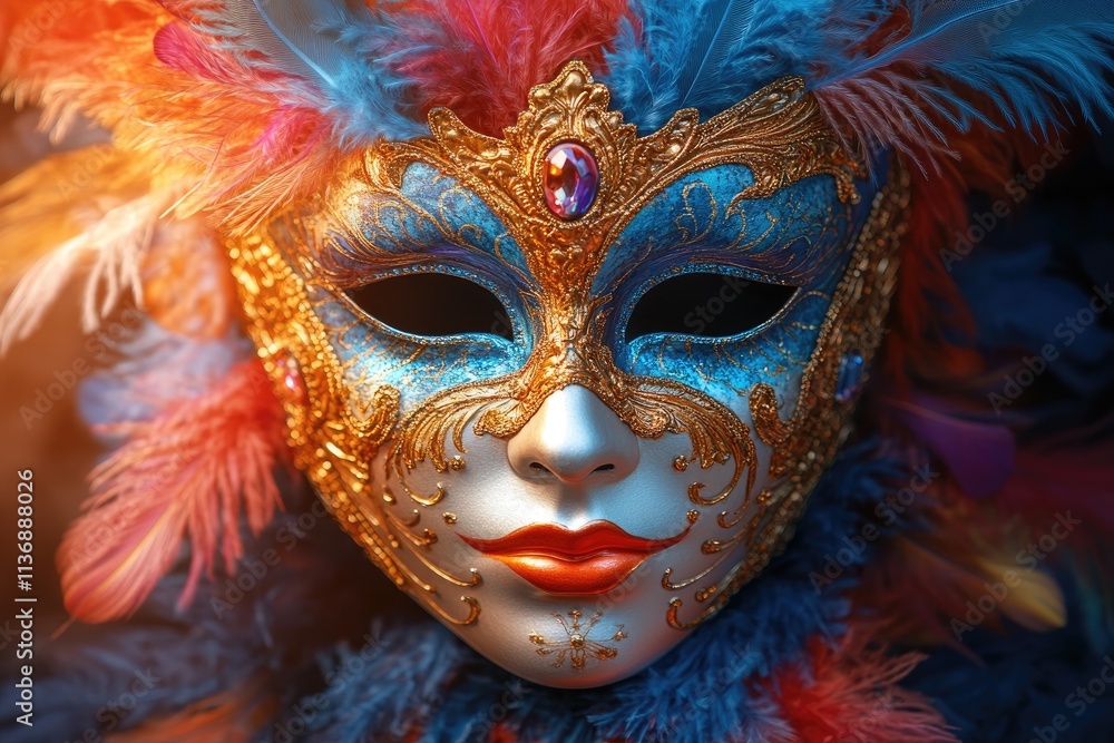 Fototapeta premium Venetian carnival mask with colorful feathers and golden decorations