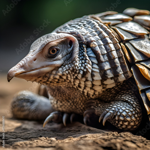 Detailed Close-up View of a Wild Armadillo in Natural Habitat - An Exquisite Display of Nature's Armor photo