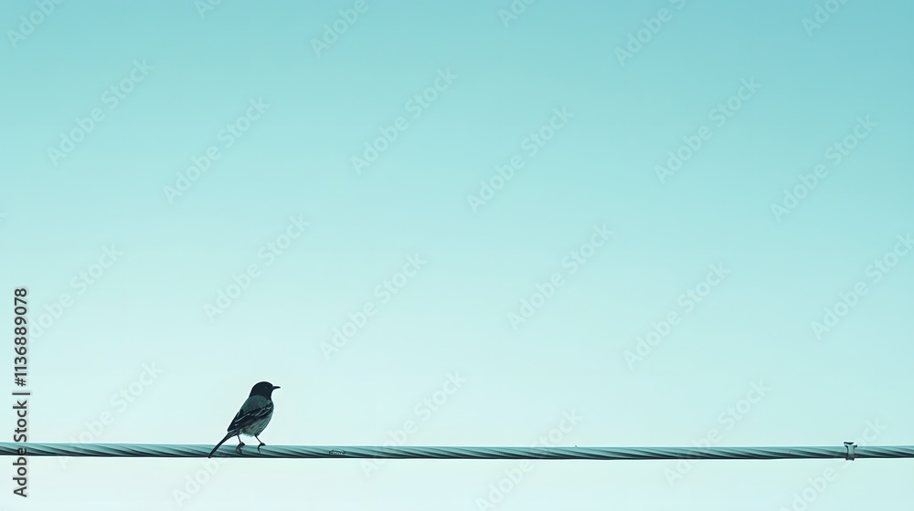 A solitary bird rests on a wire against a pale sky A solitary bird rests on a wire against a pale sky
