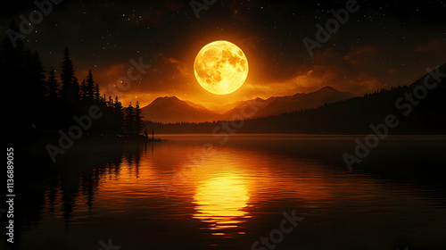 Majestic Orange Moon over Serene Lake and Mountains at Night