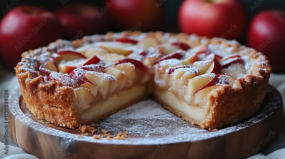 Delicious Apple Tart Partially Sliced Showing Creamy Filling Delicious Apple Tart Partially Sliced Showing Creamy Filling