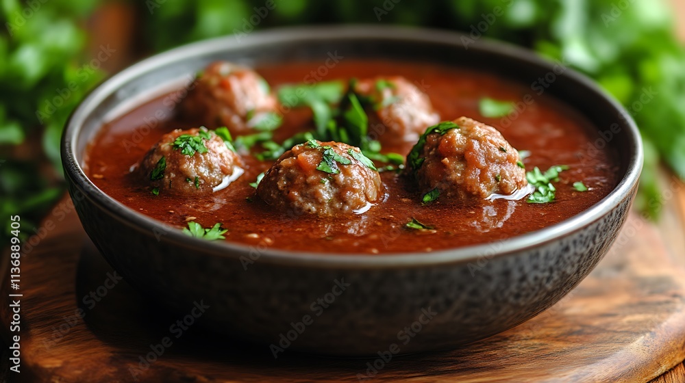 Delicious Meatball Soup in a Dark Bowl Garnished with Parsley Delicious Meatball Soup in a Dark Bowl Garnished with Parsley