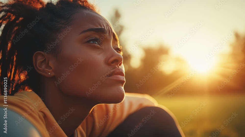 An evocative scene of a woman staring into the distance at sunset, her expression portraying deep thought and the profound emotions of life's journey and beauty. An evocative scene of a woman staring into the distance at sunset, her expression portraying deep thought and the profound emotions of life's journey and beauty.