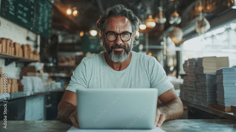 A man in a white shirt sits with his laptop at a stylish and modern coffee shop, representing a calm and productive work environment for digital tasks. A man in a white shirt sits with his laptop at a stylish and modern coffee shop, representing a calm and productive work environment for digital tasks.