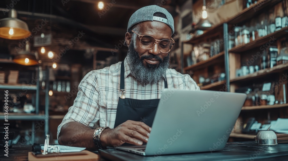 Fototapeta premium A man wearing an apron and glasses works on his laptop in a cozy coffee shop setting, suggesting a casual and comfortable workplace environment for creative tasks.