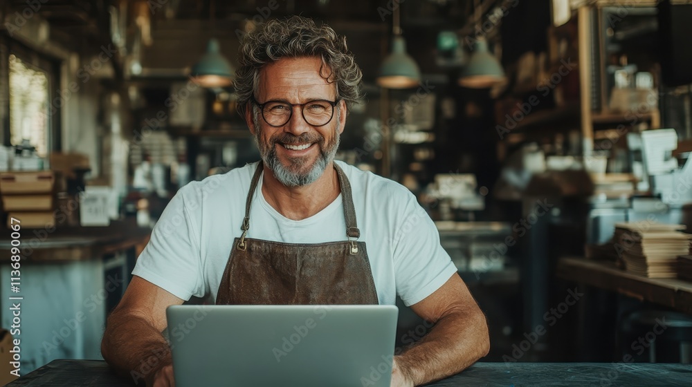 A cheerful man in an apron and glasses smiles while using a laptop in an industrial-style setting, embodying a positive and productive work environment. A cheerful man in an apron and glasses smiles while using a laptop in an industrial-style setting, embodying a positive and productive work environment.