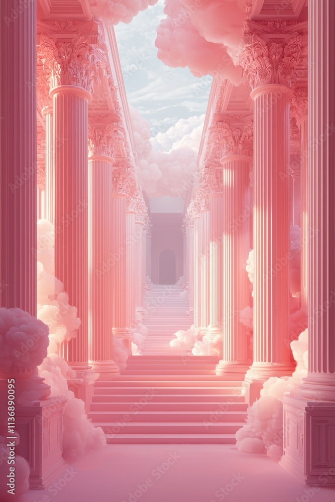 Dreamy corridor with pink columns and fluffy clouds in elegant architecture Dreamy corridor with pink columns and fluffy clouds in elegant architecture