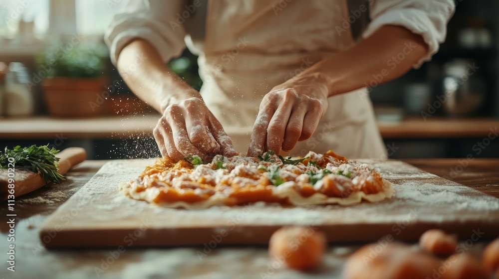 A cook prepares a flavorful pizza, adding fresh toppings in a cozy kitchen setting, emphasizing the art of cooking and the joy of creating delicious meals. A cook prepares a flavorful pizza, adding fresh toppings in a cozy kitchen setting, emphasizing the art of cooking and the joy of creating delicious meals.