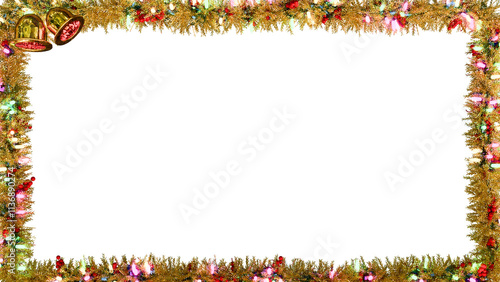 Christmas golden rectangle frame with golden pine leaves and branch and xmas LED lights, golden bells and many holly red fruits on snowy background created by 3D reder transparent png file.