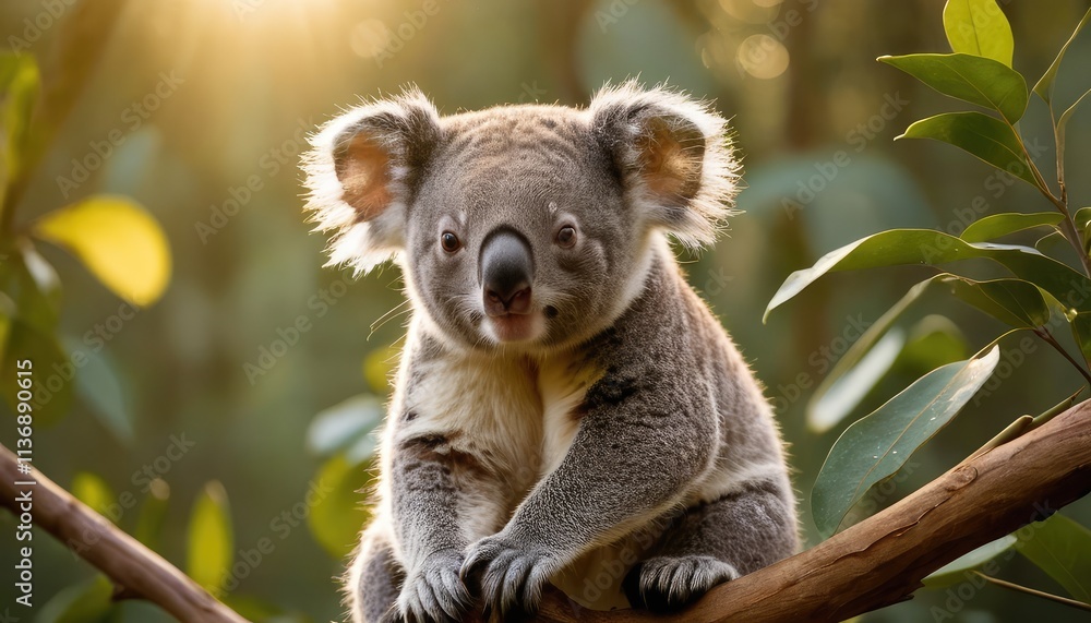 Naklejka premium A charming koala sits calmly on a tree branch, surrounded by vibrant green foliage and warm light, showcasing its adorable features in a peaceful forest setting