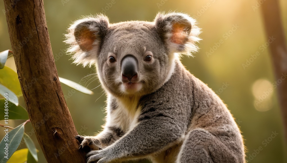 Naklejka premium A curious koala clings to a tree branch, surrounded by lush green eucalyptus leaves, bathed in soft golden sunlight, creating a serene and natural atmosphere