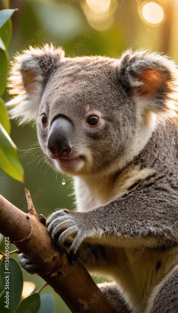 Obraz premium A close-up of a koala with fluffy ears and bright eyes perched on a branch, framed by leaves, glowing softly in warm sunlight of a tranquil forest