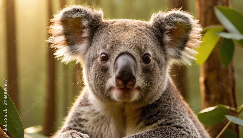 Obraz premium A curious koala clings to a tree branch, surrounded by lush green eucalyptus leaves, bathed in soft golden sunlight, creating a serene and natural atmosphere
