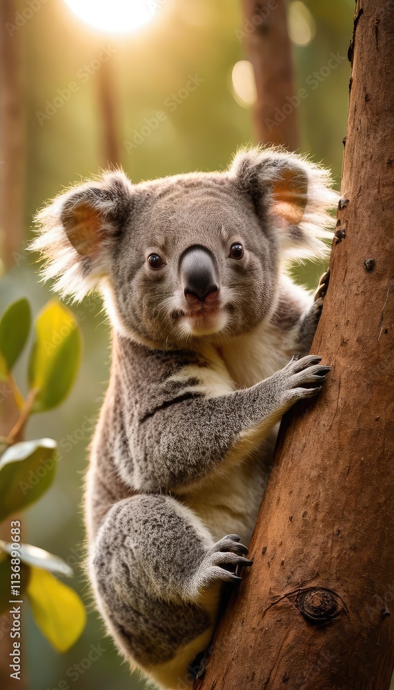 A close-up of a koala with fluffy ears and bright eyes perched on a branch, framed by leaves, glowing softly in warm sunlight of a tranquil forest A close-up of a koala with fluffy ears and bright eyes perched on a branch, framed by leaves, glowing softly in warm sunlight of a tranquil forest