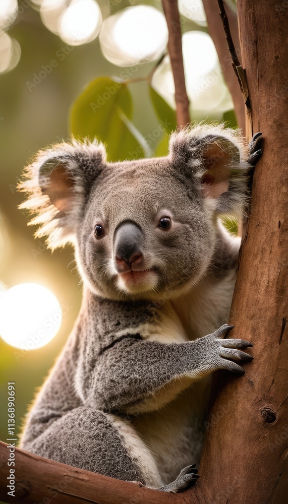 Fototapeta premium A curious koala clings to a tree branch, surrounded by lush green eucalyptus leaves, bathed in soft golden sunlight, creating a serene and natural atmosphere