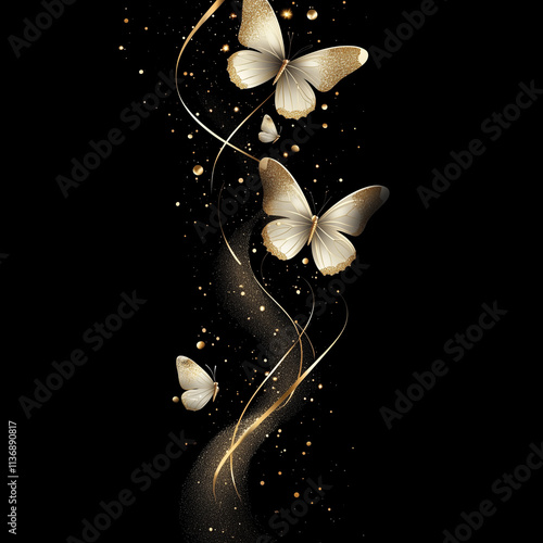 Plano de fundo com borboletas douradas prateadas, muita  magia com luz brilhante, gliter sobre fundo preto