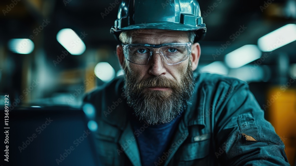 A dedicated worker, wearing a helmet and safety goggles, intently focuses on his task within an industrial setting, showcasing determination and resilience in his profession. A dedicated worker, wearing a helmet and safety goggles, intently focuses on his task within an industrial setting, showcasing determination and resilience in his profession.