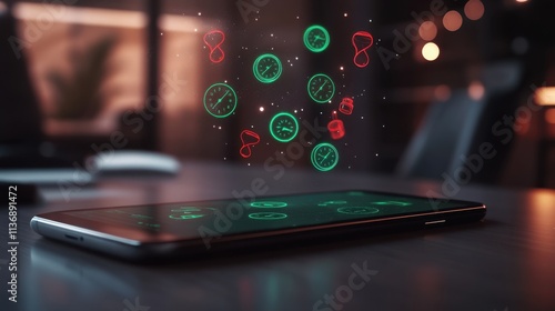 Sleek Black Smartphone on Minimalist Desk: Floating Green Clock and Red Hourglass Icons, Studio-Quality Lighting, and Blurred Office Background in Time Management Concept.