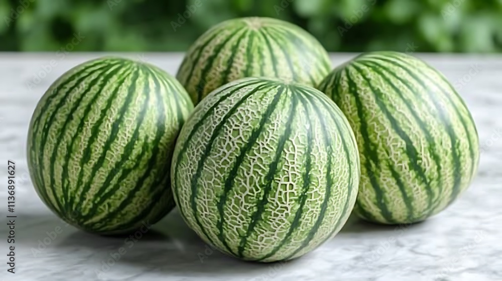 Four Green Striped Watermelons Resting on Marble Four Green Striped Watermelons Resting on Marble