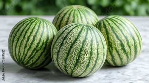 Four Green Striped Watermelons Resting on Marble