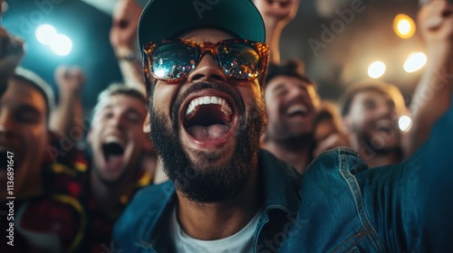 A group of people enjoying together at a joyful concert scene, emitting happiness and festive vibes, unified in a shared thrilling experience with bright lights. photo