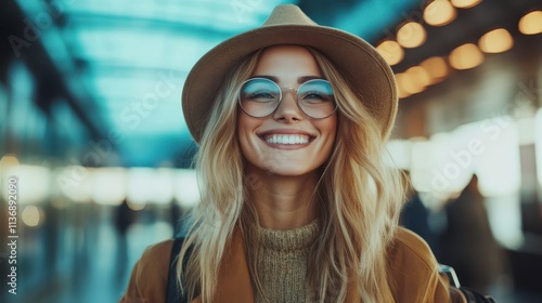 A fashionable woman poses with a bright smile, wearing sunglasses and a hat in a well-lit station. The image conveys warmth and travel excitement. photo