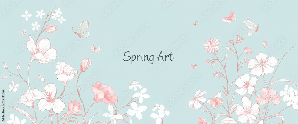 Spring season on green watercolor background. Hand drawn floral and insect wallpaper with pink wild flowers and group of butterflies. Line art graphic design for banner, cover, decoration, poster.