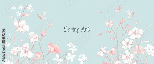 Spring season on green watercolor background. Hand drawn floral and insect wallpaper with pink wild flowers and group of butterflies. Line art graphic design for banner, cover, decoration, poster.  photo