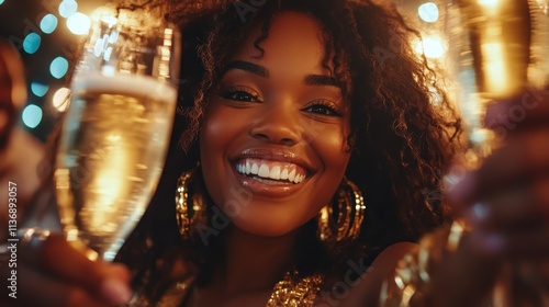 A cheerful woman with curly hair holds two champagne glasses, celebrating in an evening setting filled with vibrant lights, enjoying a festive atmosphere with joy. photo