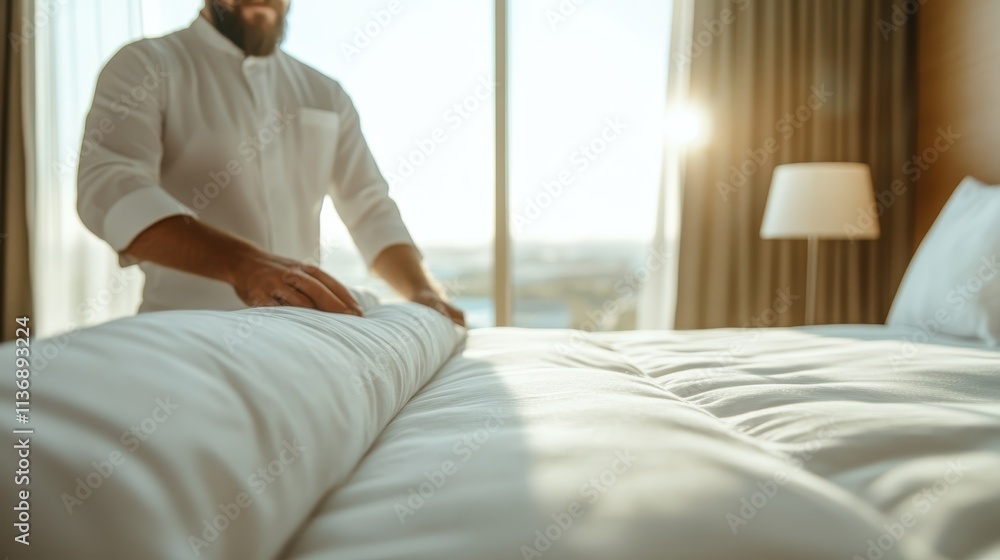 A man is seen carefully making a bed in a sunlit hotel room, creating an inviting atmosphere that highlights diligence, attention to detail, and a warm hospitality vibe. A man is seen carefully making a bed in a sunlit hotel room, creating an inviting atmosphere that highlights diligence, attention to detail, and a warm hospitality vibe.