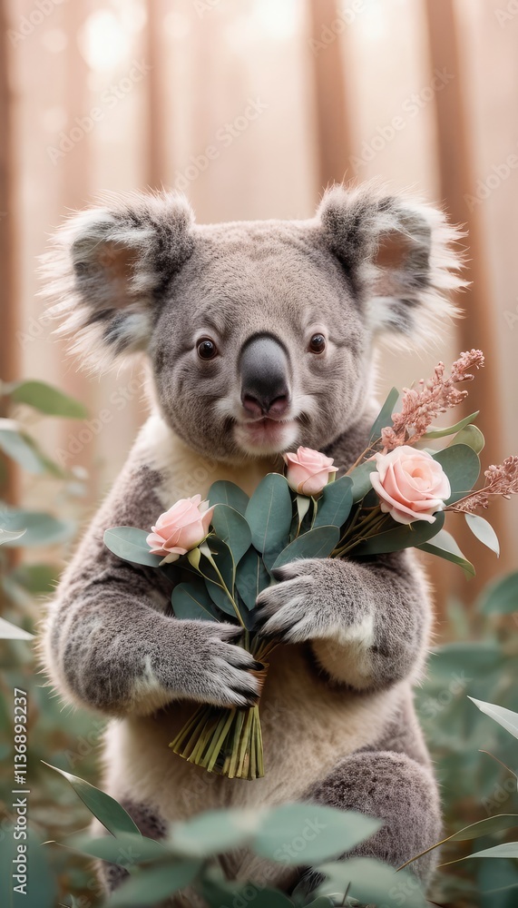 Fototapeta premium A cute koala clutching a bouquet of fresh roses stands amidst pastel flowers and sunlight, creating a serene, fairytale-like atmosphere in the forest