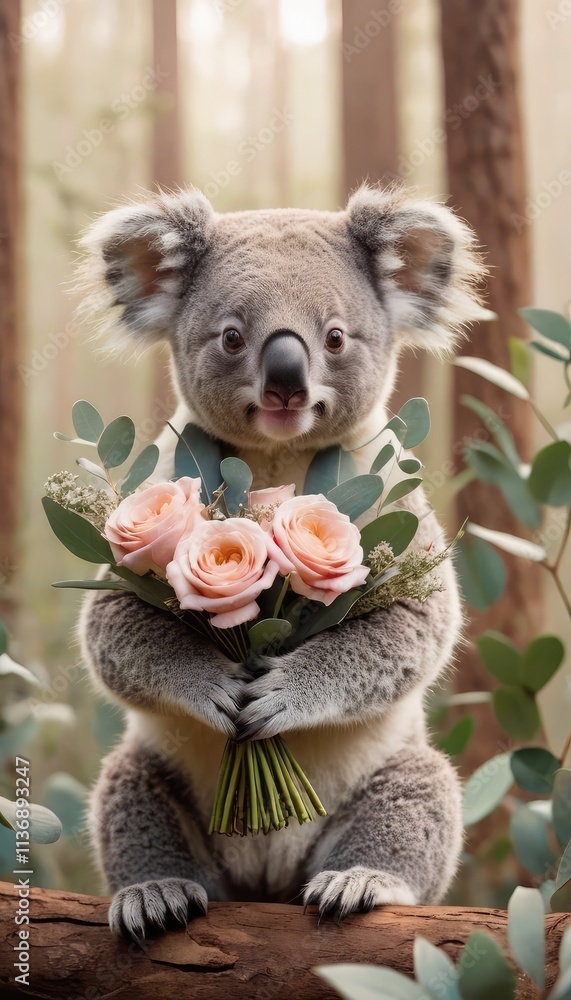 A charming koala with fluffy ears stands in a dreamy forest, gently holding a bouquet of pink roses, framed by eucalyptus leaves and soft, blooming flowers A charming koala with fluffy ears stands in a dreamy forest, gently holding a bouquet of pink roses, framed by eucalyptus leaves and soft, blooming flowers