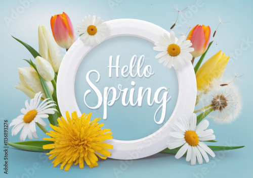 Hello spring banner with round frame and various flower on blue background
